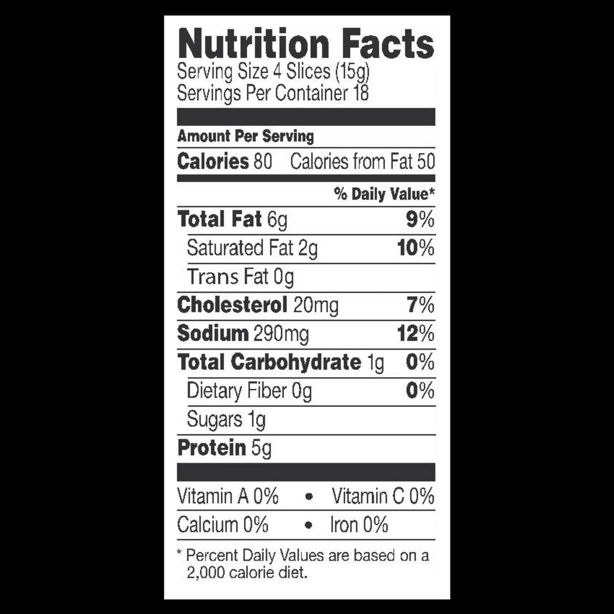 Nutrition Facts panel for thick cut bacon, calories and nutrient amounts per serving