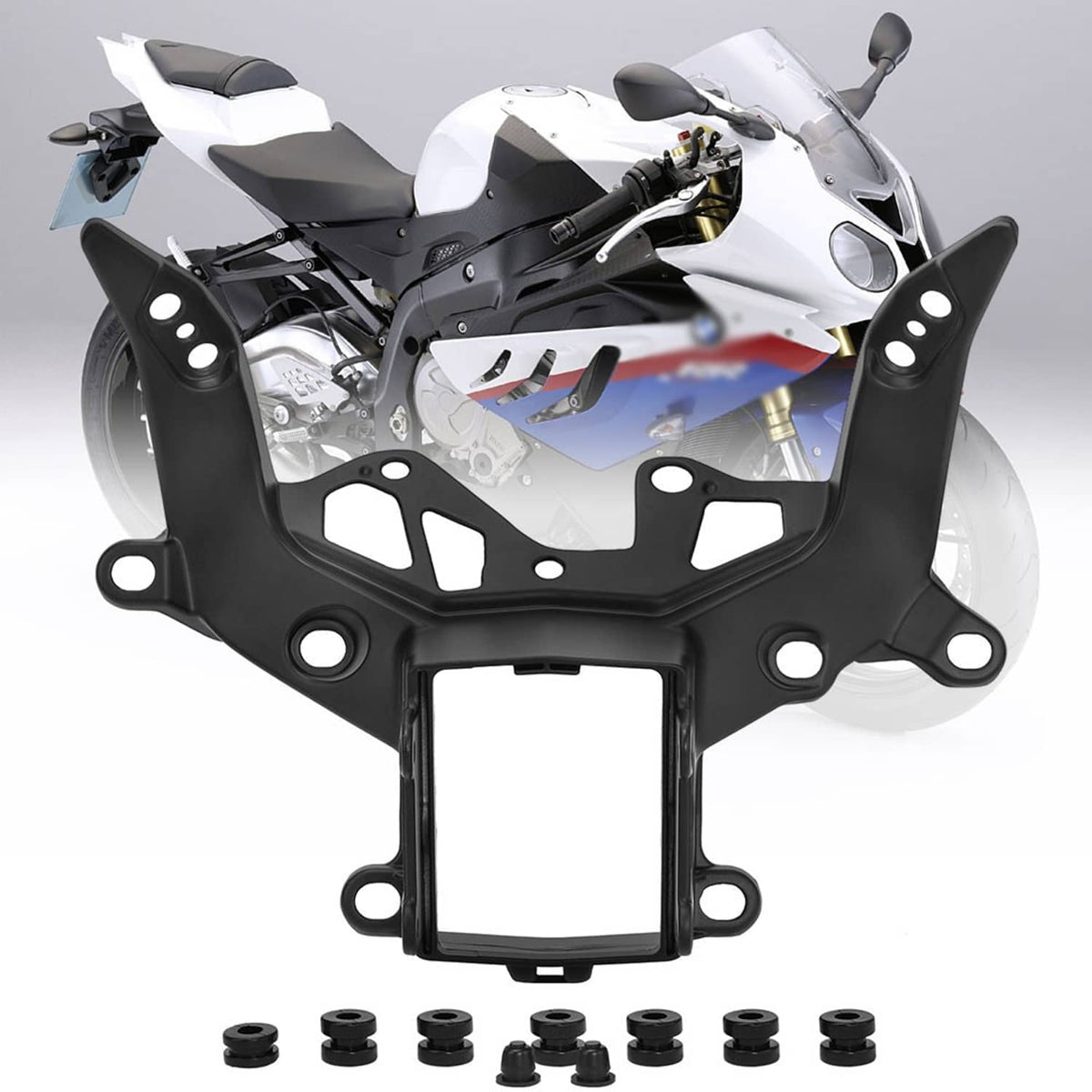 Black headlight fairing stay bracket with mounting frame and bolt holes