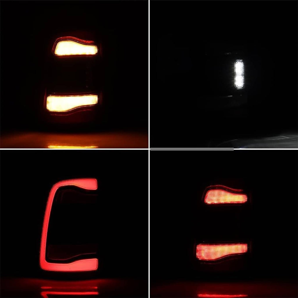 LED tail light illuminated test frames showing amber indicators, white reverse, and red running/brake.