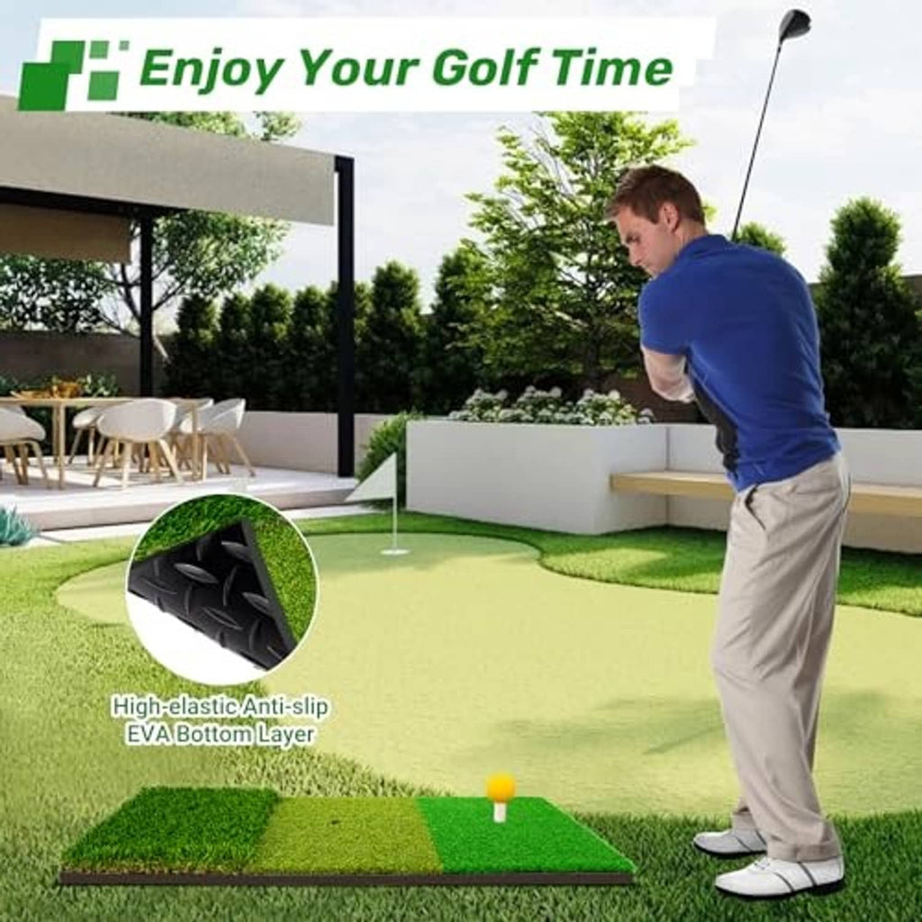 Tri-turf golf hitting mat with dark, light, and bright green sections and a tee mark