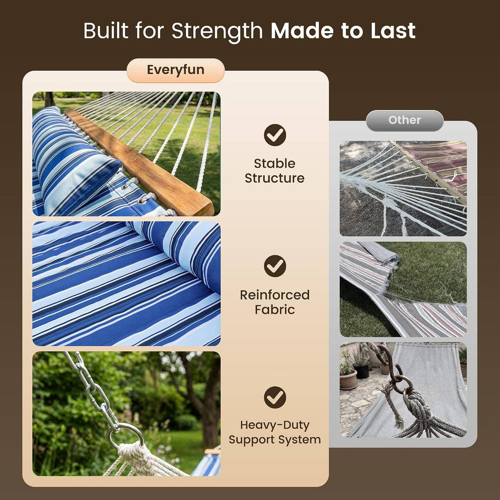 Blue striped double hammock with reinforced fabric and rope support system plus wooden spreader bar