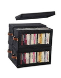 Black dustproof DVD storage box with clear window, brown strap handles, holds DVDs