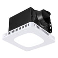 Ceiling bathroom ventilation fan with white LED panel, black top housing, and duct outlet.