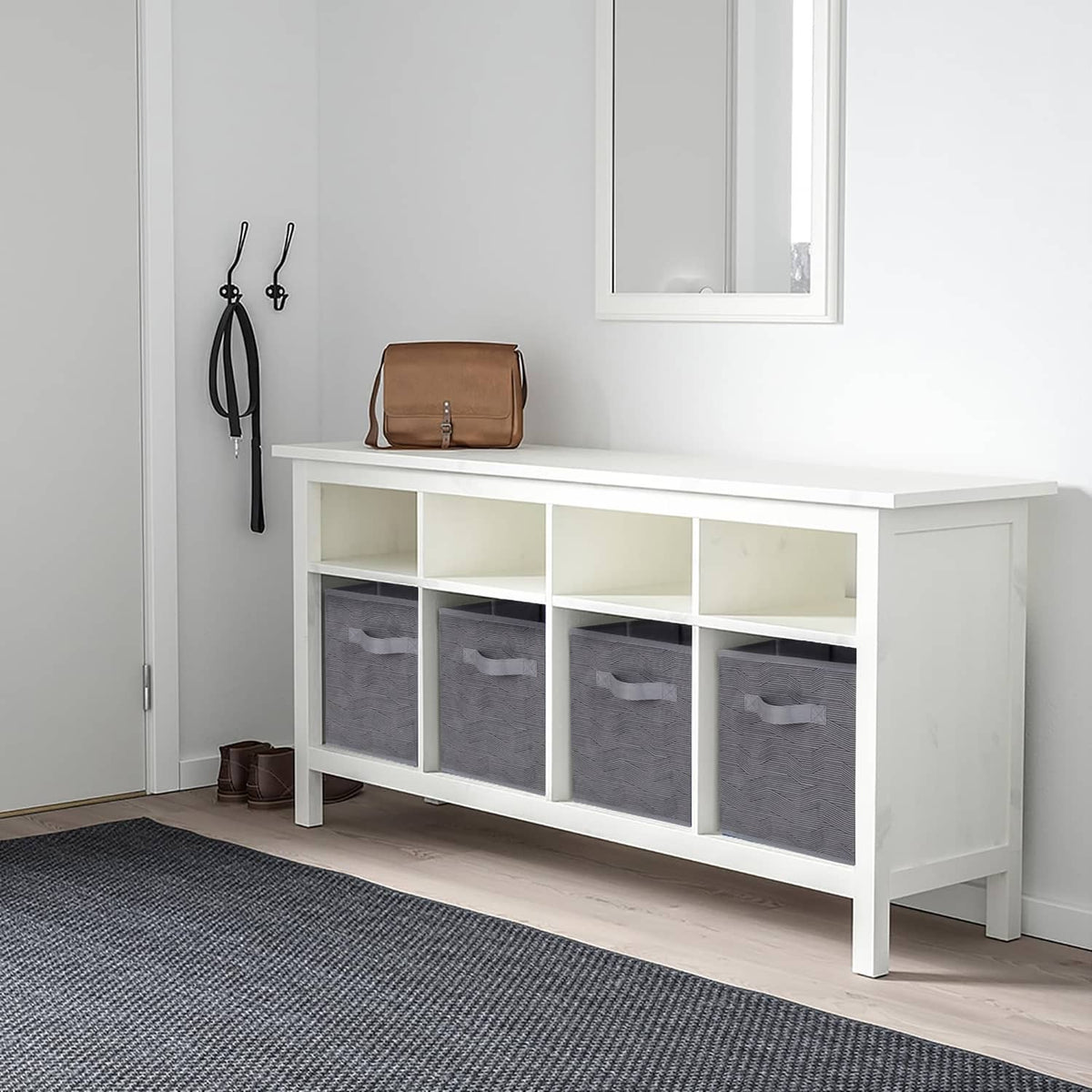 Foldable fabric storage bin, dark gray with black stripe, open-front style