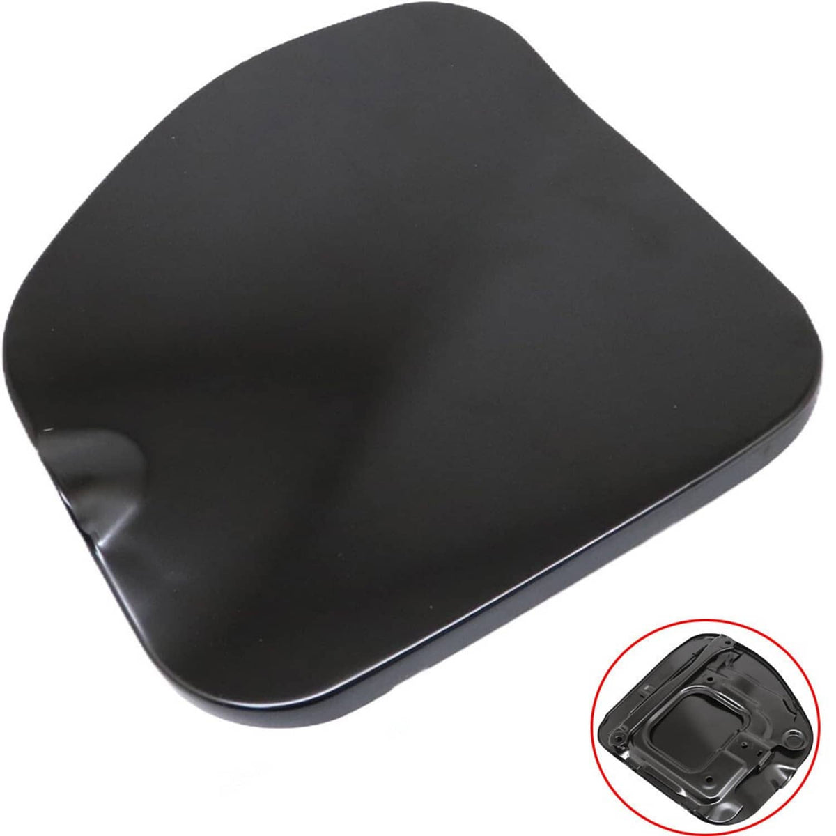 Black fuel filler lid cap with underside mounting hardware and molded locking area