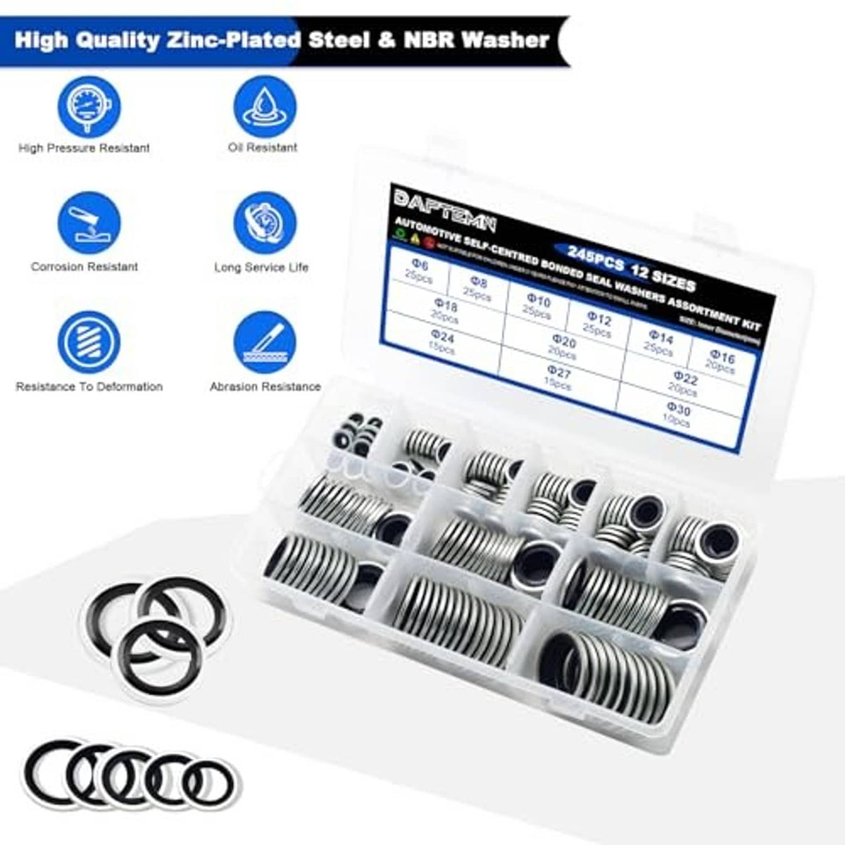 Bonded sealing washer set with zinc-plated steel rings and NBR black seal in case