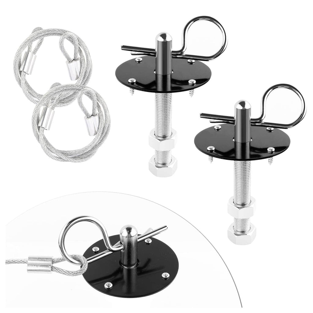 Hood pin kit with two black base pins, stainless rods, cable and mounting nuts