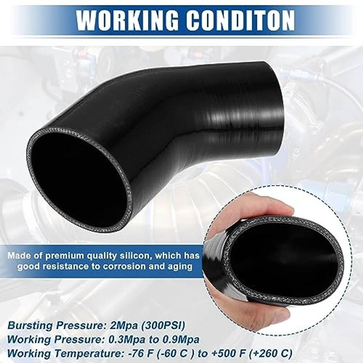 Black silicone hose elbow reducer with open end, held by hand for size