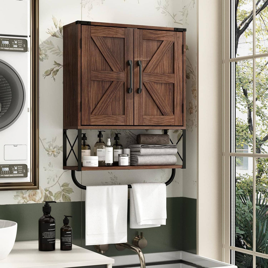 Bathroom setup with wooden wall medicine cabinet, open shelf, towel bar, and white towels