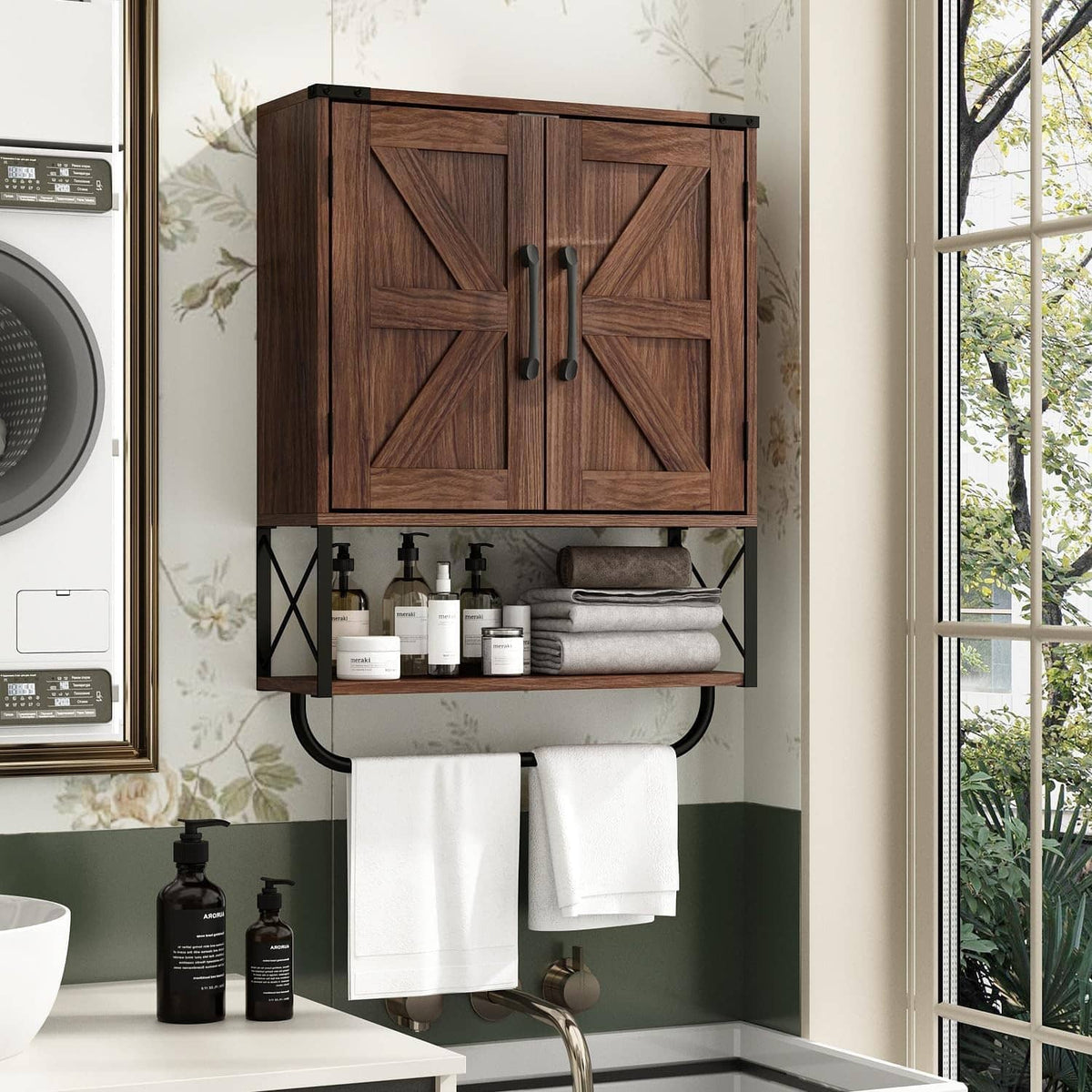 Bathroom setup with wooden wall medicine cabinet, open shelf, towel bar, and white towels
