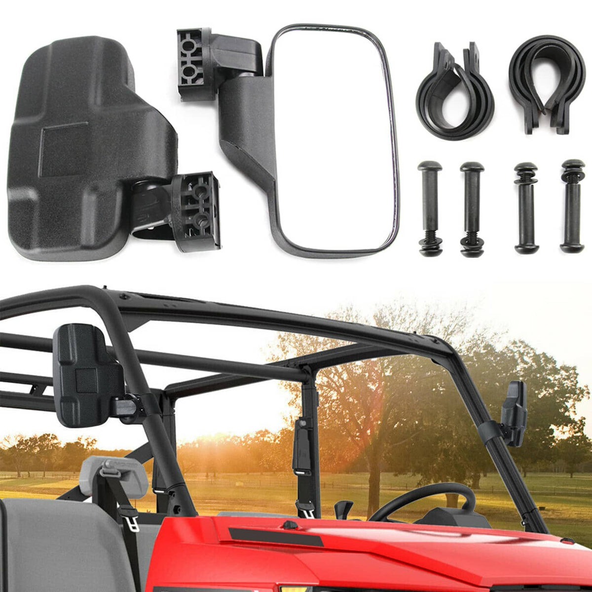 UTV side mirror assembly with clear glass, bracket, rubber wiring loop, and hardware