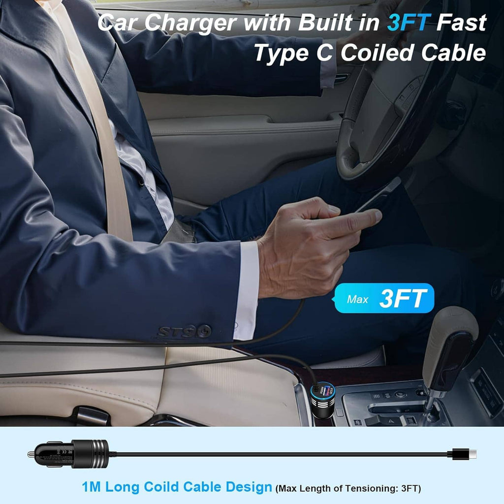 In-vehicle USB-C car charger with built-in 3 ft coiled cable, black charger