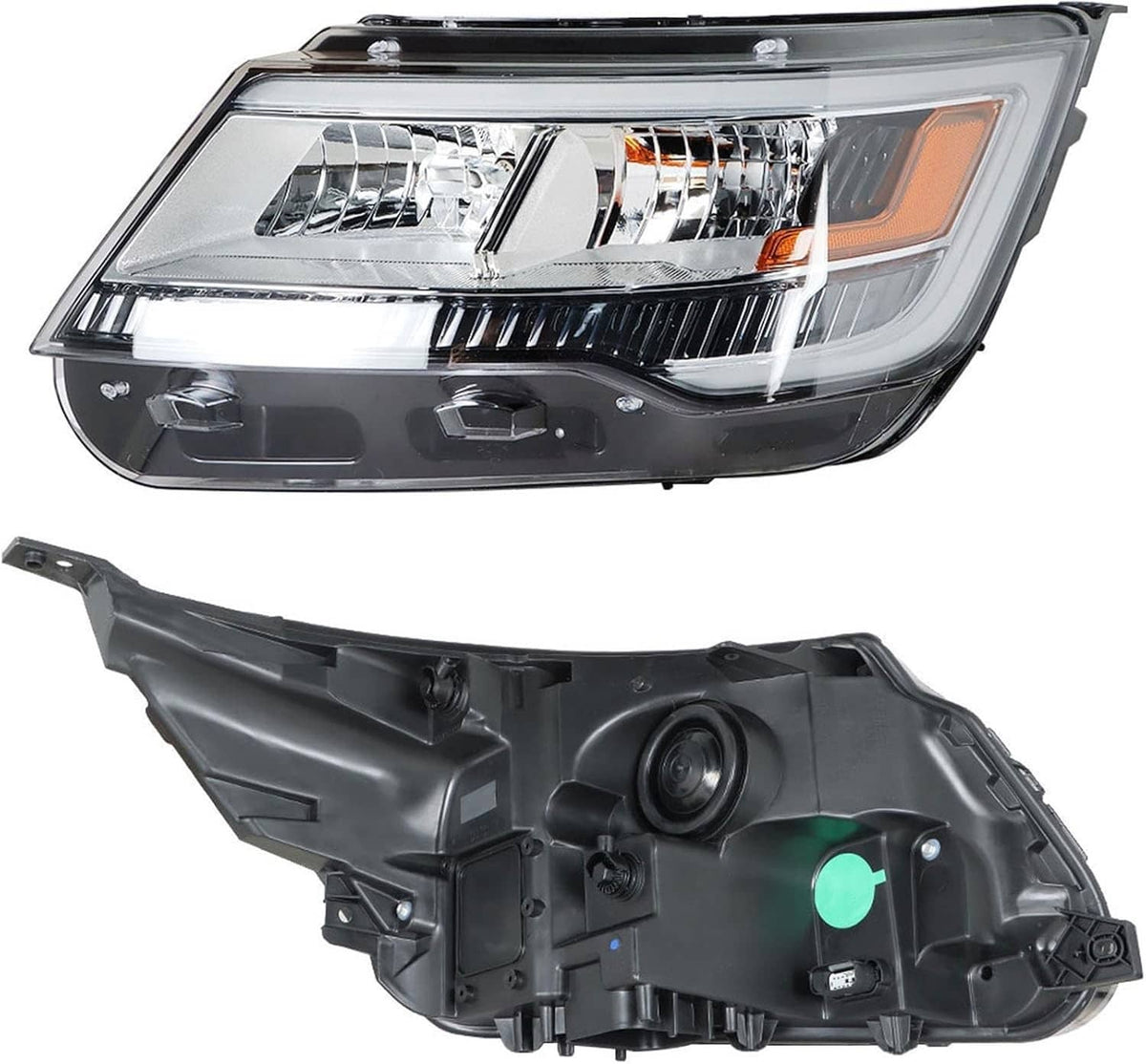Left side headlight housing with internal bulb modules, wiring connectors, black trim