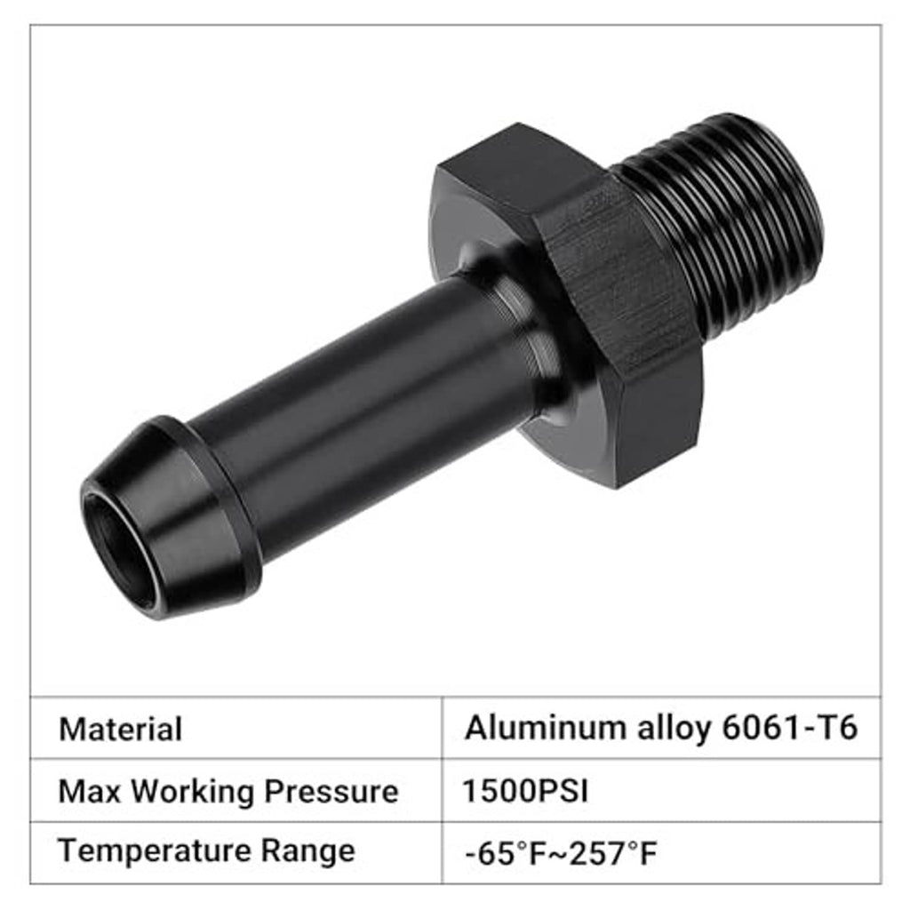 Black straight barbed adapter with 1/8-27 NPT male threads and smooth 5/16 barb