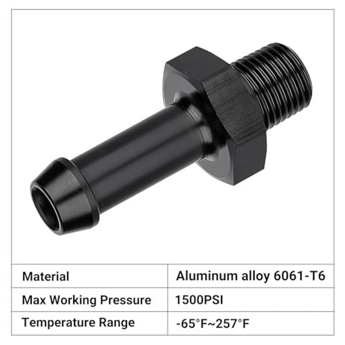 Black straight barbed adapter with 1/8-27 NPT male threads and smooth 5/16 barb