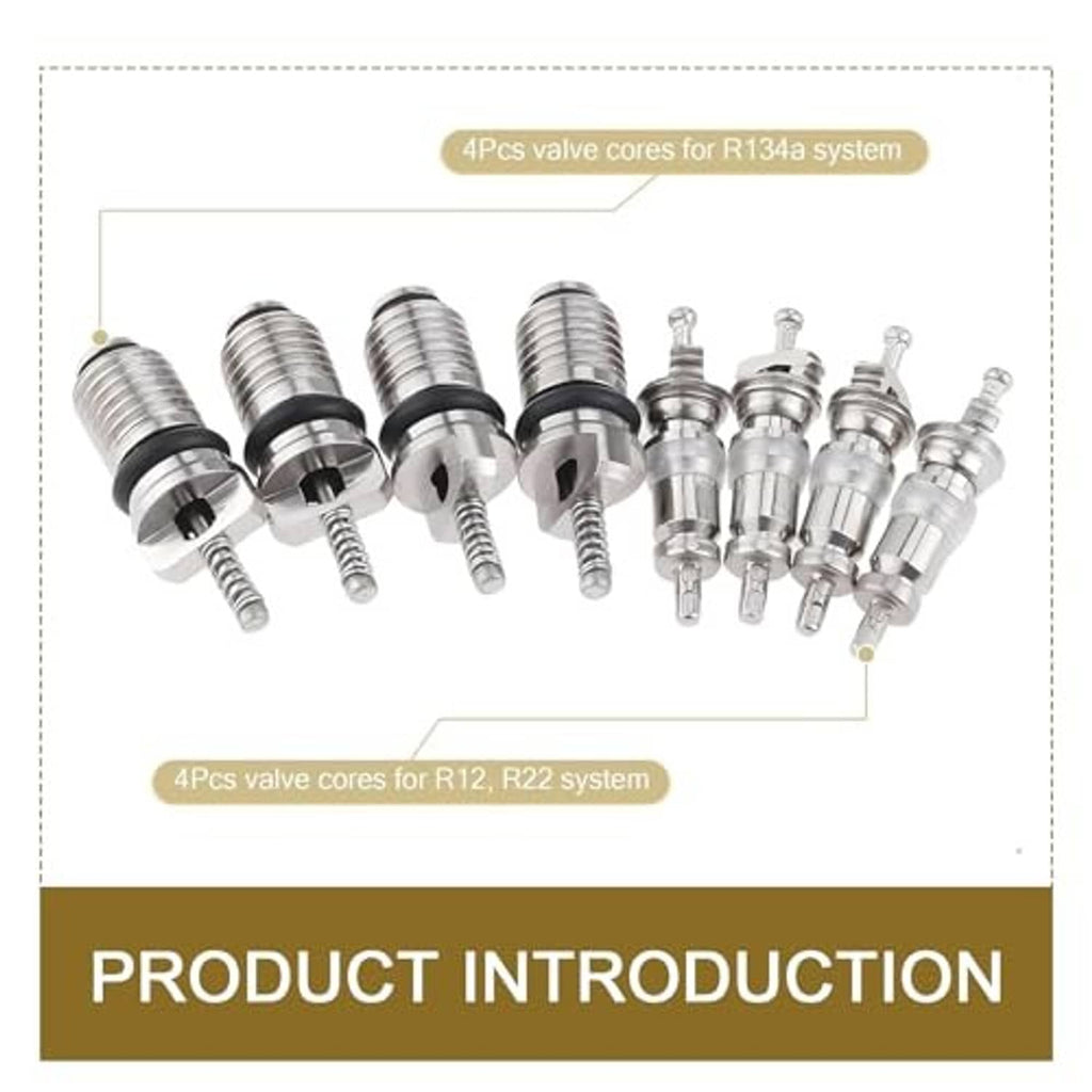Assorted metal valve cores and small replacement seals in a kit arrangement