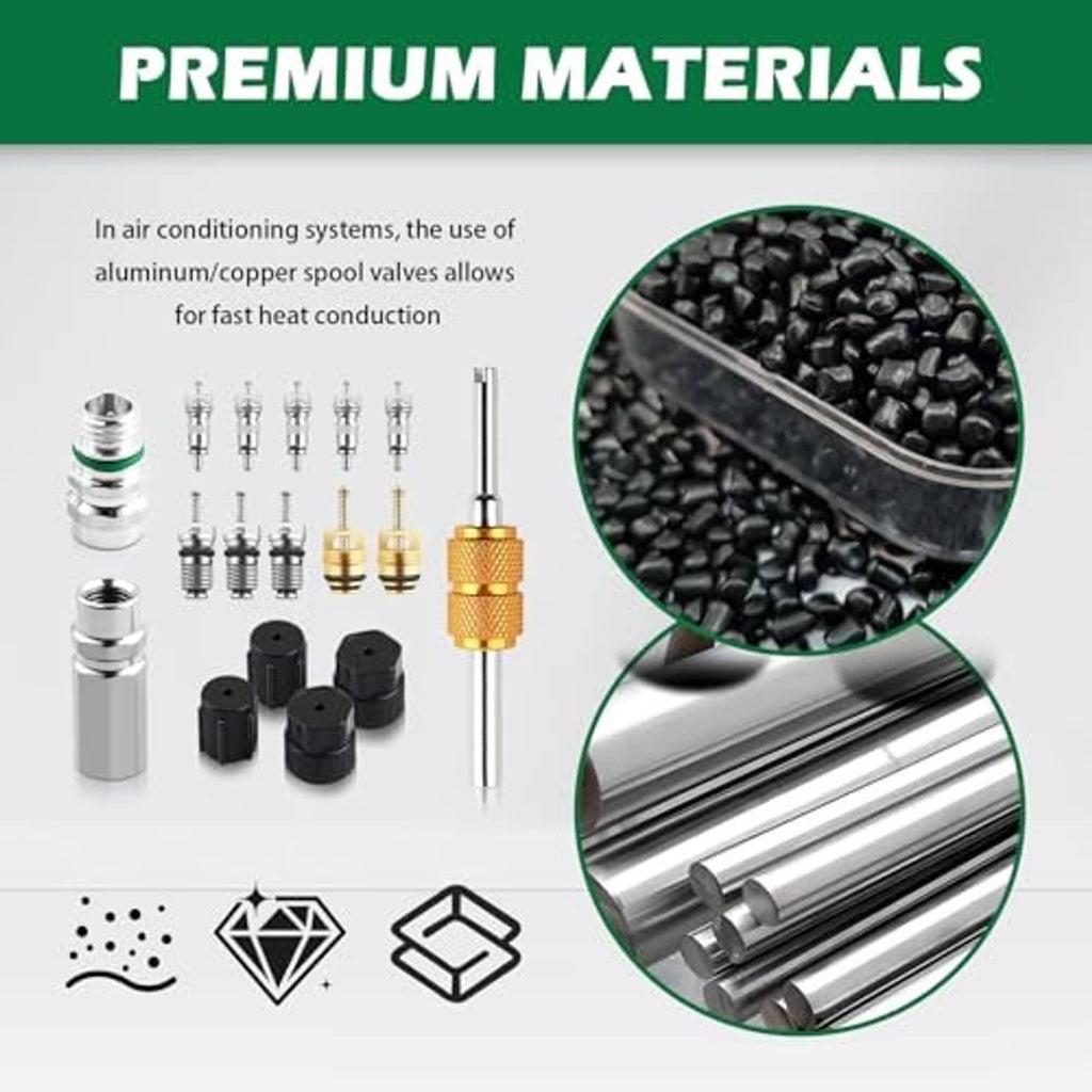 Car AC valve core kit with metal valve cores, dust caps, and gold textured tool body