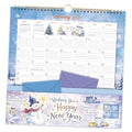 Blue 2027 wall calendar with pockets and January grid, featuring a New Year illustration