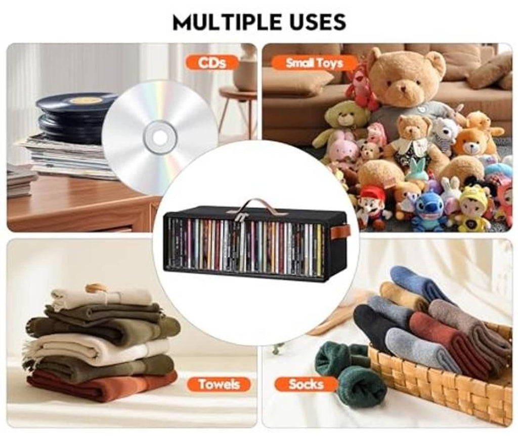 Black CD storage organizer with clear front window, zipper closure, orange handle accents