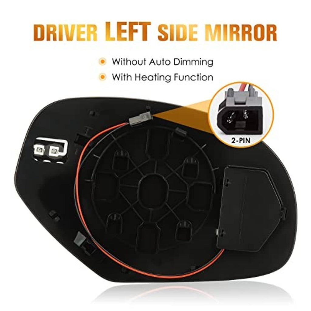 Driver-side left mirror glass backing with 2-pin connector and wiring harness