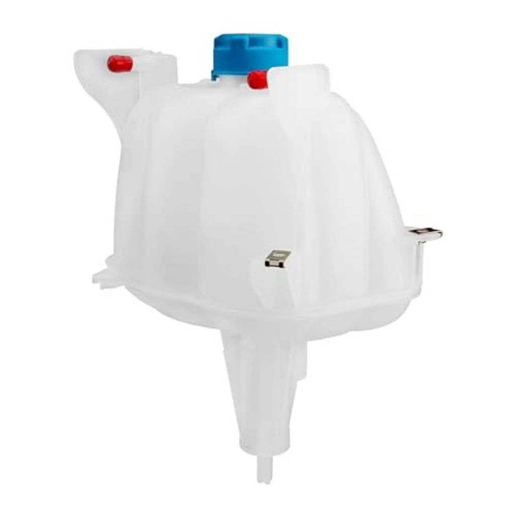 White pressurized coolant reservoir tank with blue cap and side outlet tube
