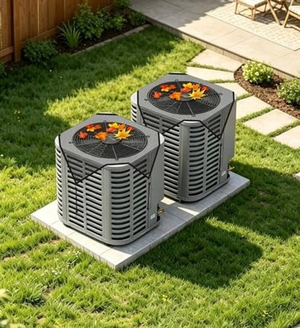 Black air conditioner cover with mesh top over outdoor condenser unit on grass