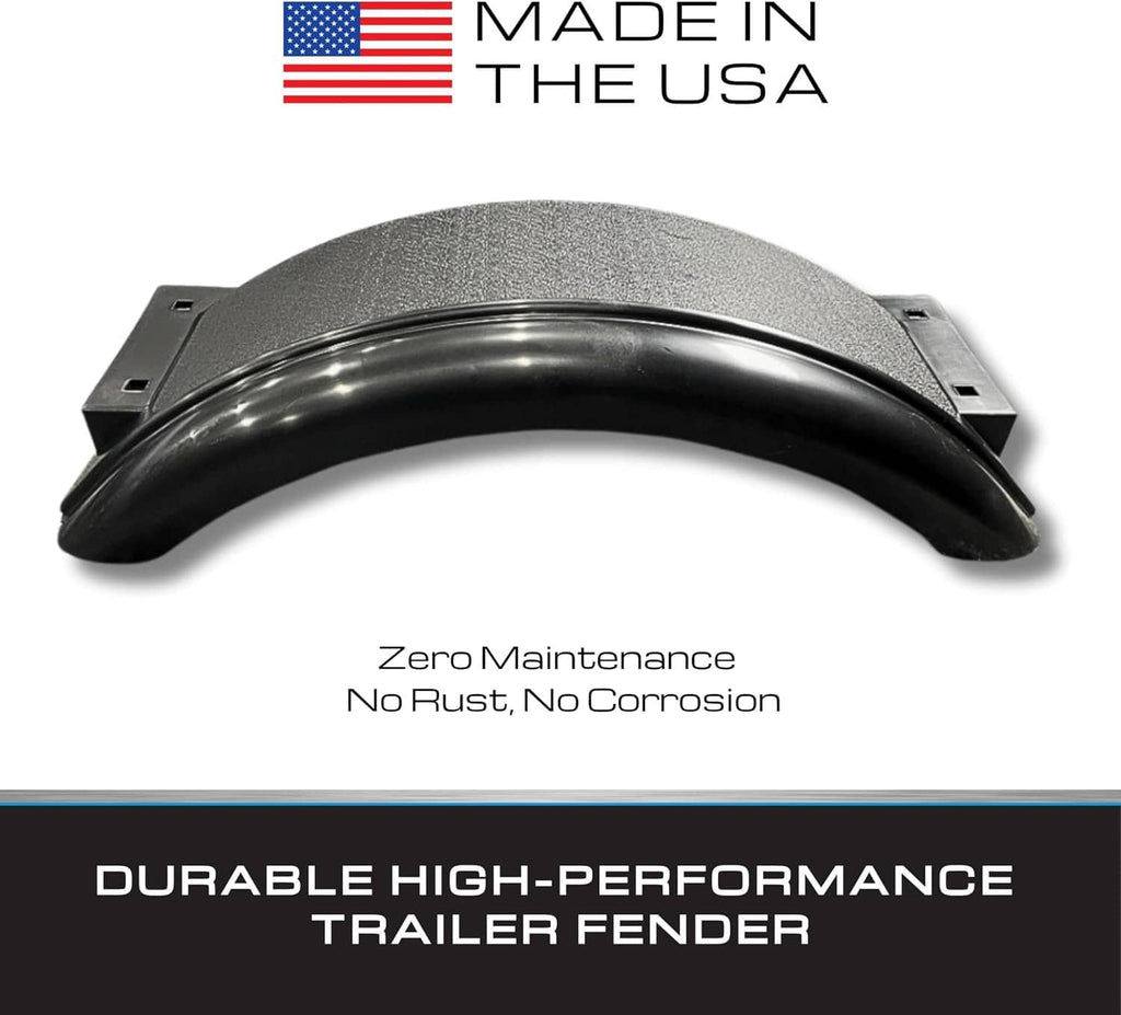 Black plastic trailer fender with smooth curved design and side mounting brackets