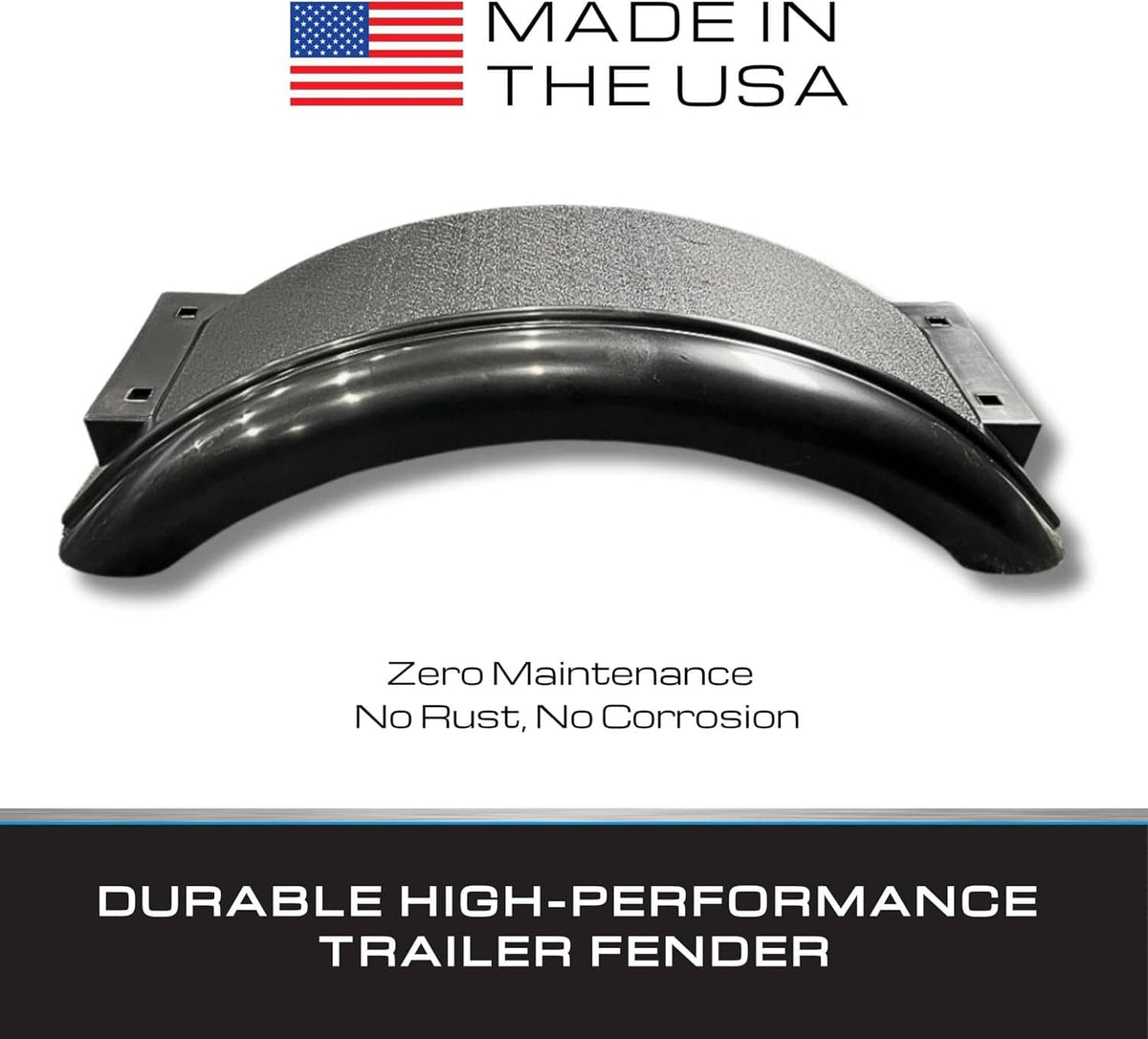 Black plastic trailer fender with smooth curved design and side mounting brackets