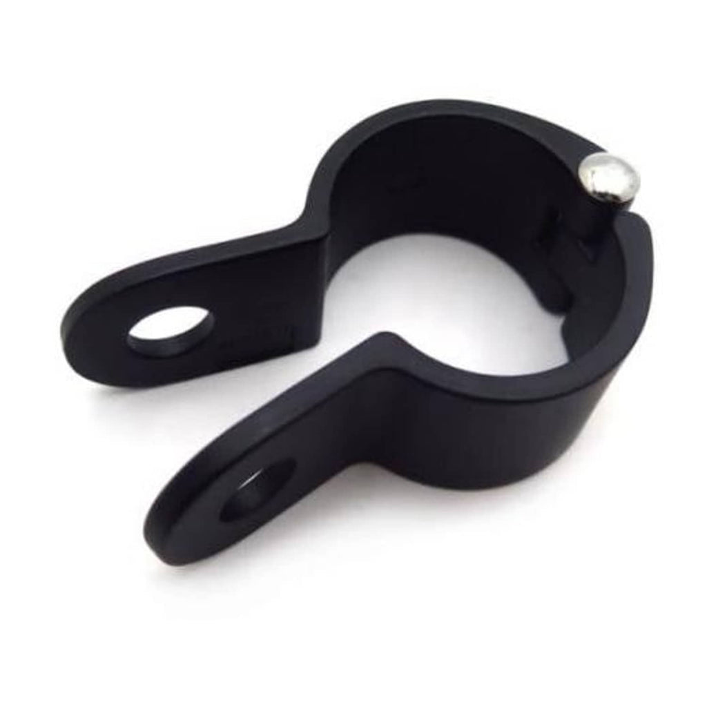 Black motorcycle footpeg clamp with pivot ring and two mounting holes