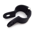 Black motorcycle footpeg clamp with pivot ring and two mounting holes