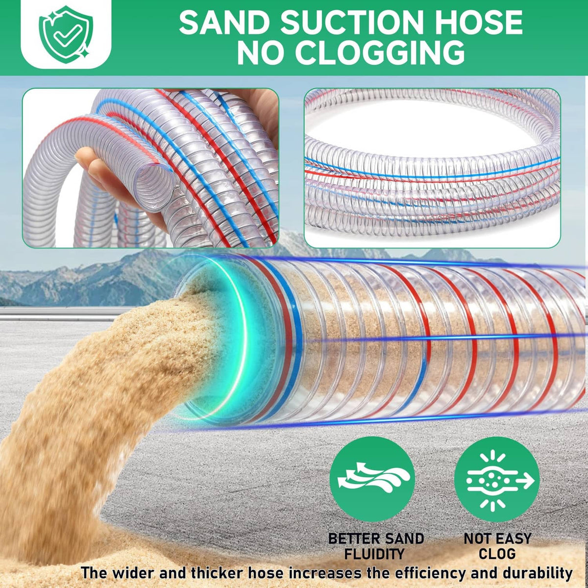 Clear reinforced suction hose for sand pickup, tightly coiled with adapter section
