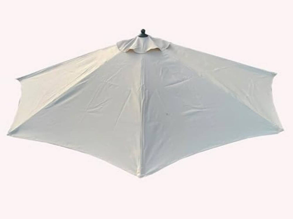 Light gray umbrella canopy with central finial and pleated fabric panels