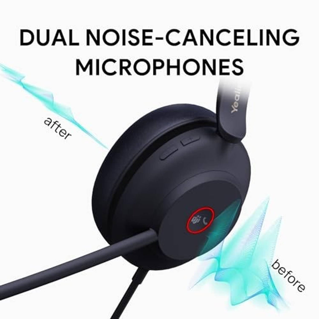 Black over-ear headset with boom microphone and earcup control with red indicator