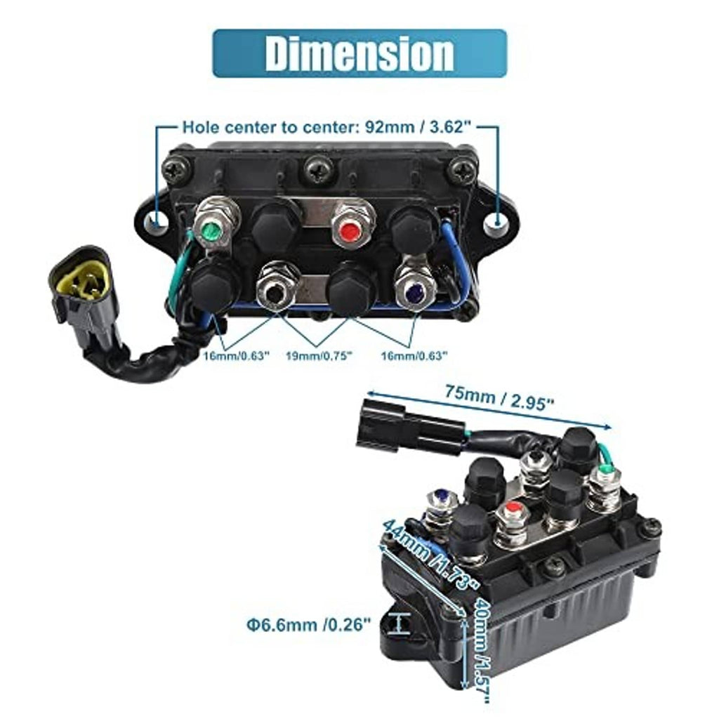 Outboard trim relay assembly with measured dimensions and 3-pin plug location