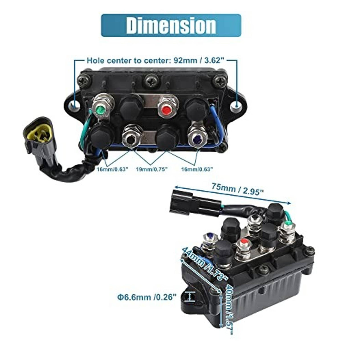 Outboard trim relay assembly with measured dimensions and 3-pin plug location