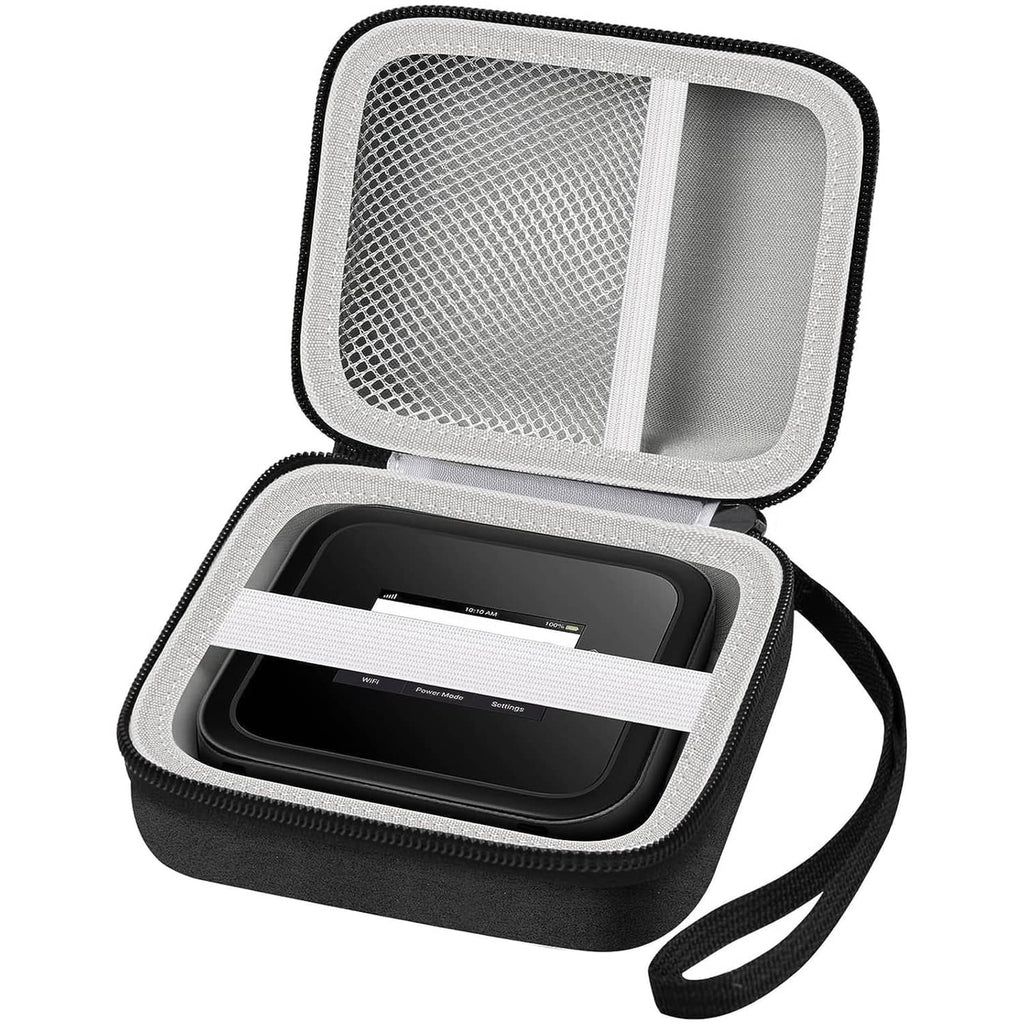 Opened case showing mesh pocket and foam-lined compartments with wrist strap