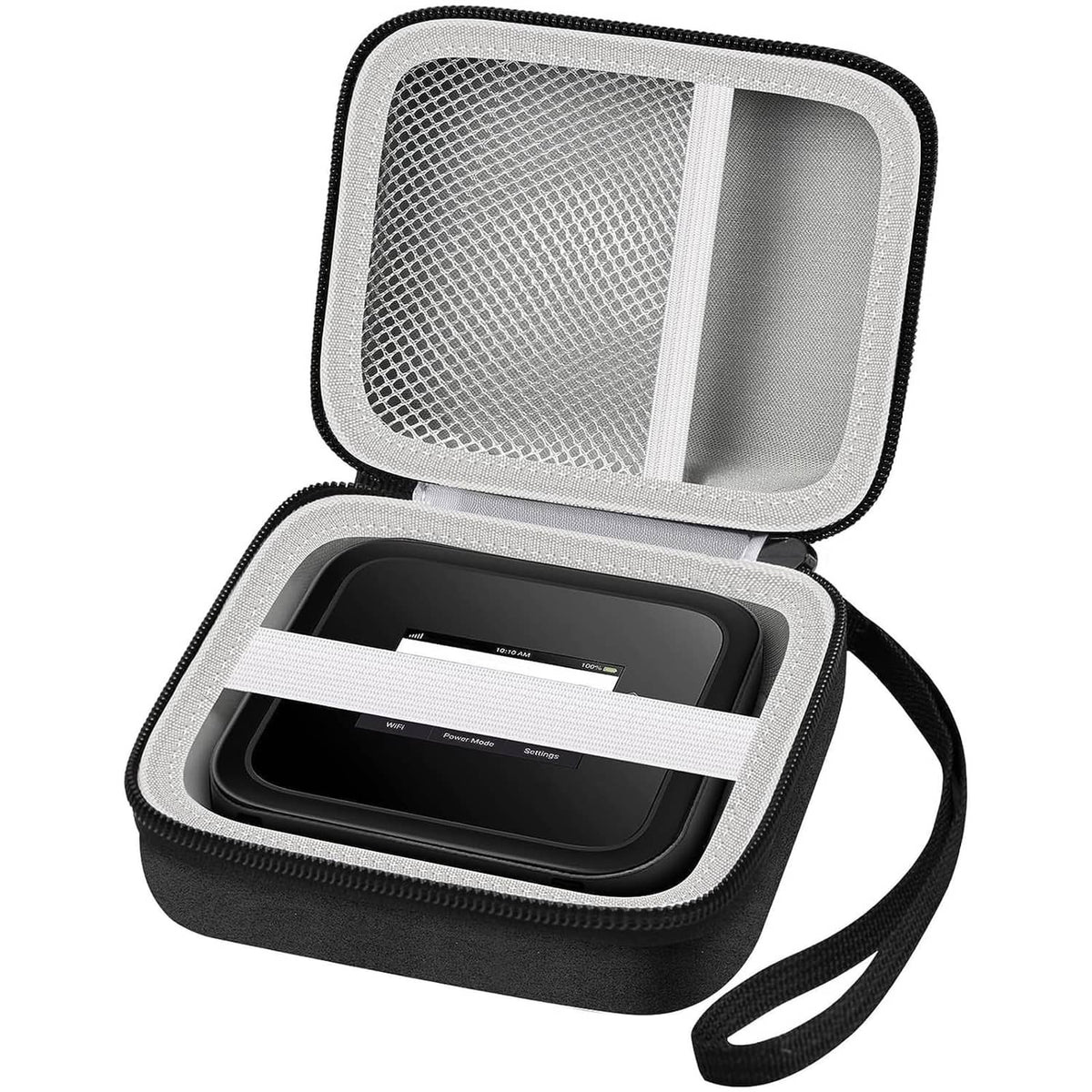 Opened case showing mesh pocket and foam-lined compartments with wrist strap