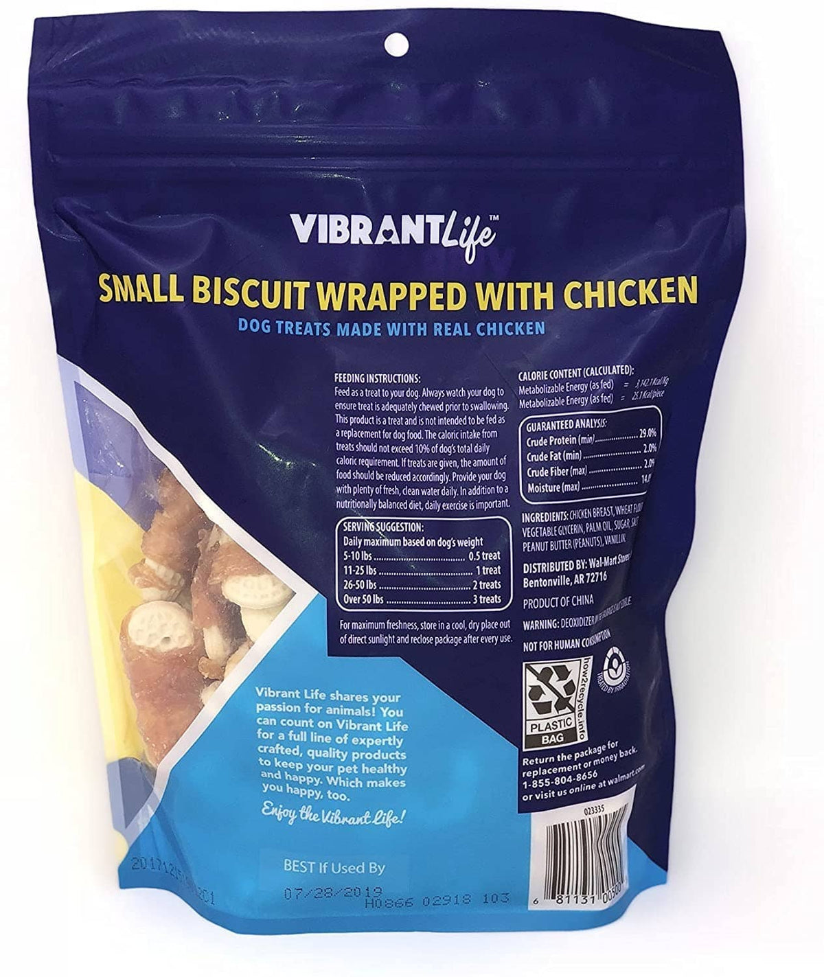 VibrantLife dog treat bag back label with feeding directions and nutrition facts