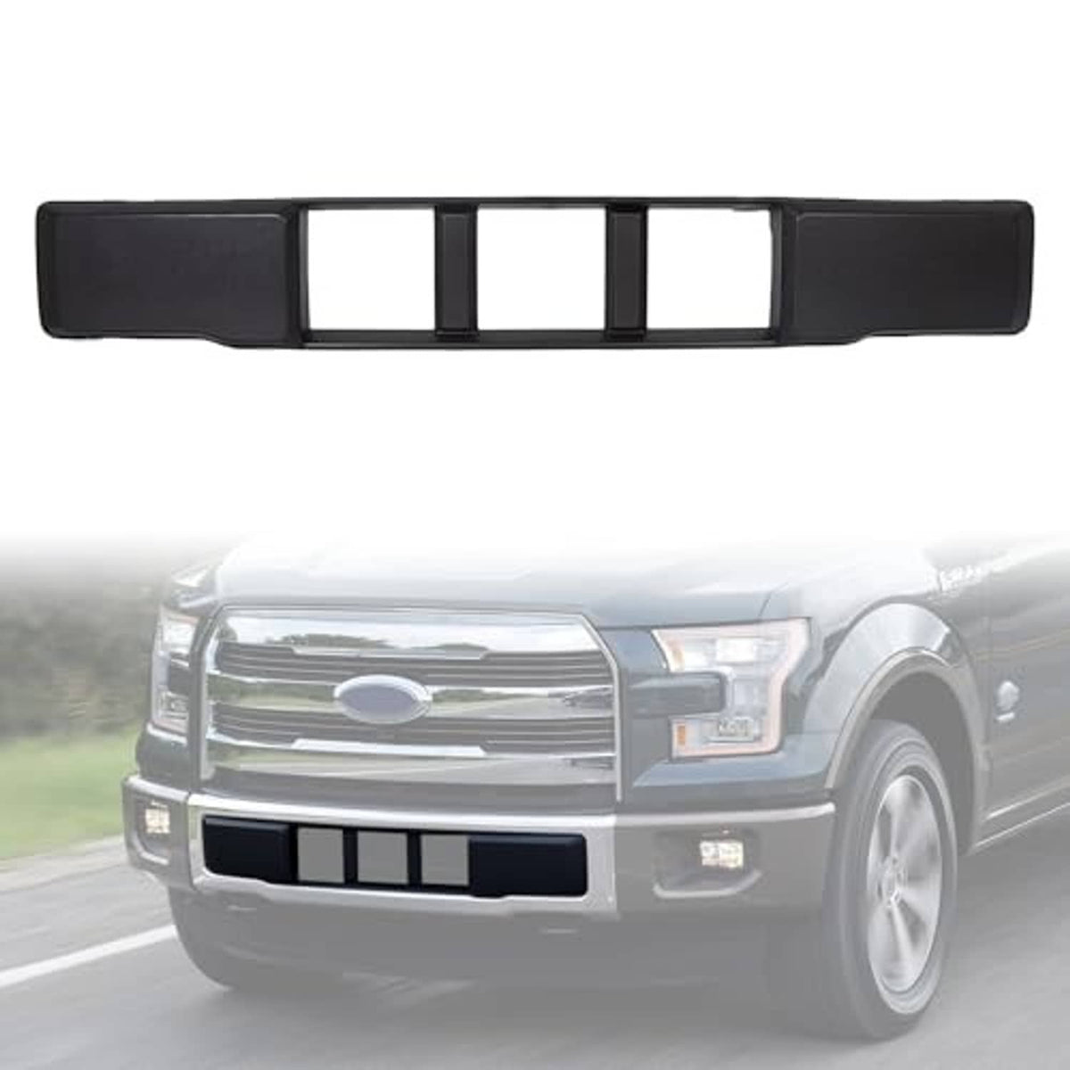 Black front lower grille trim with four inset vertical openings, front bumper accessory