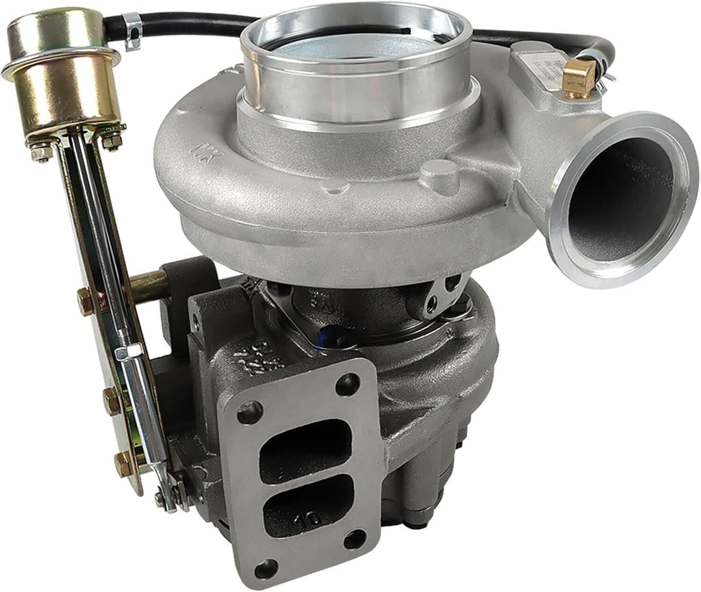 HX35W turbocharger with inlet and oil fittings, silver compressor housing and black base.