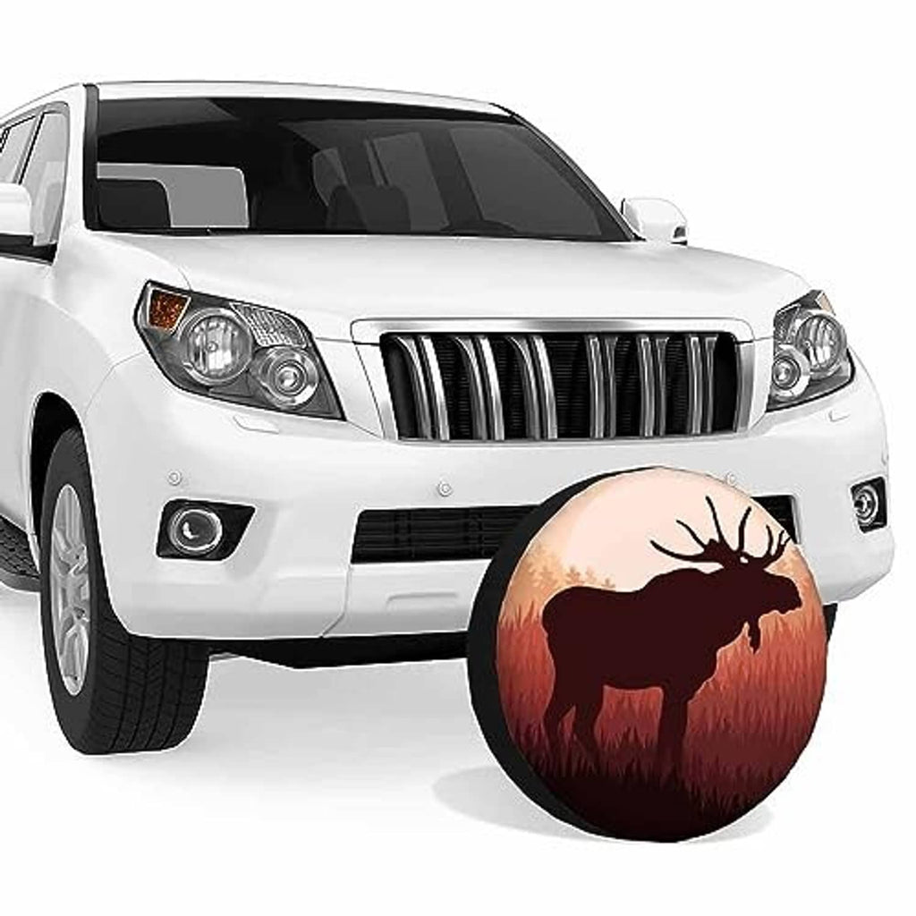 Moose spare tire cover on front of white SUV spare wheel, round moose sunset graphic