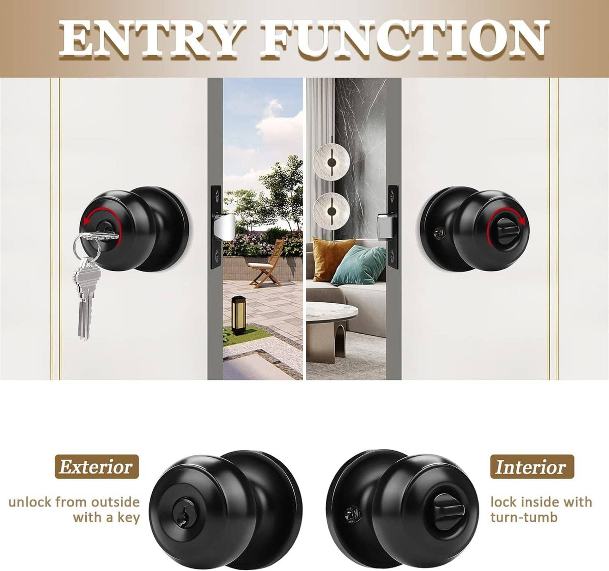 Black round entry door knob set with lock cylinders and keys