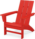 Red Adirondack rocking chair with slatted back and curved armrests