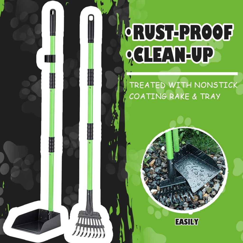 Pair of long-handled dog pooper scoopers with black rake trays and green poles