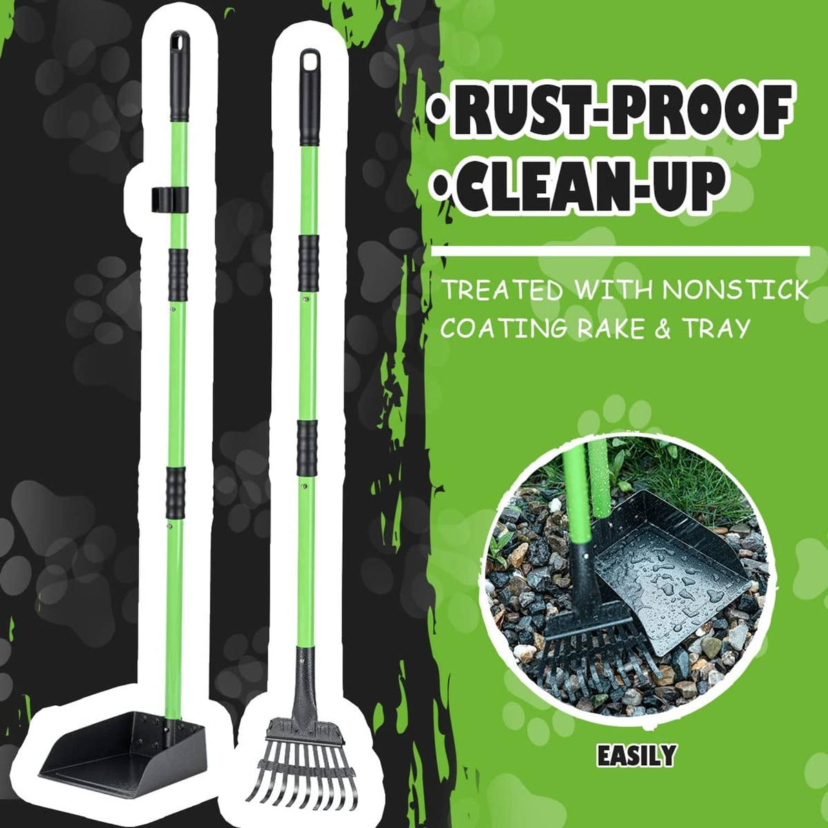 Pair of long-handled dog pooper scoopers with black rake trays and green poles