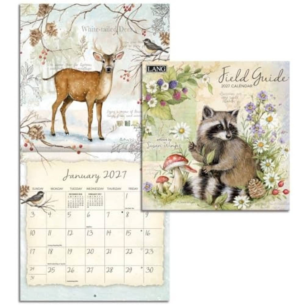 Set of two mini wall calendar covers with deer and raccoon artwork and LANG logos