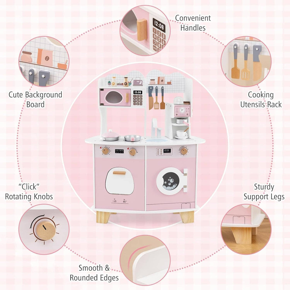 Pink and white wooden play kitchen set with coffee maker, stove burners, sink, and storage