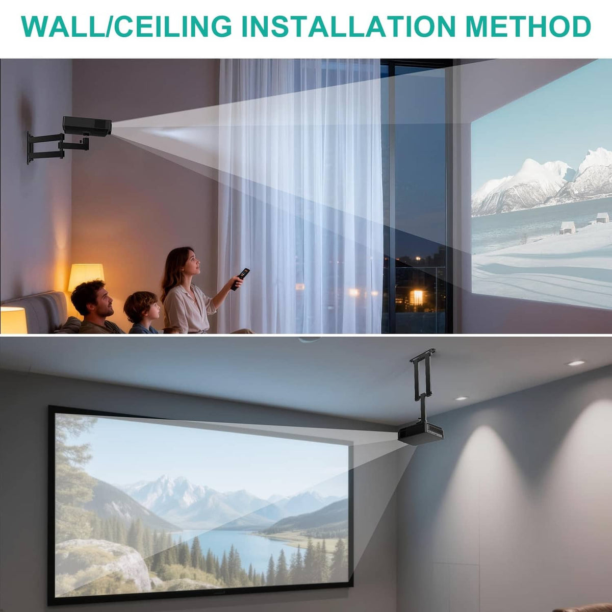 Black wall/ceiling projector mount with long horizontal arm and swivel head
