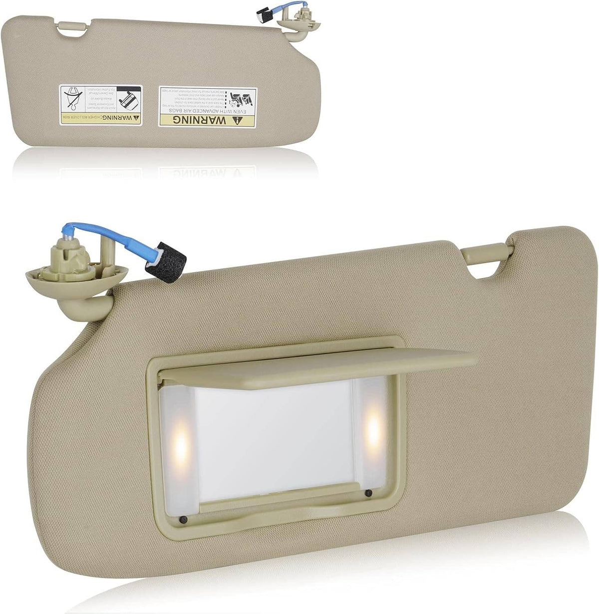 Beige left driver-side sun visor with built-in mirror and rectangular LED light panel