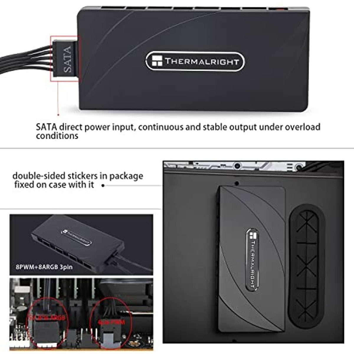 Dark gray ARGB fan hub controller with SATA power input and mounting adhesive in frame